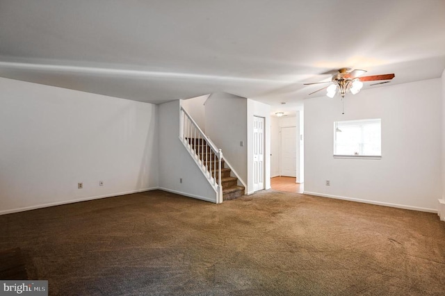 11175 Elwyn Ct, Fredericksburg, VA 22407 - unfurnished living room with stairway, carpet flooring, ceiling fan, and baseboards