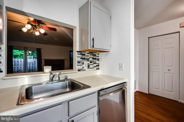 11175 Elwyn Ct, Fredericksburg, VA 22407 - kitchen with stainless steel dishwasher, a sink, ceiling fan, light countertops, and dark wood-style floors