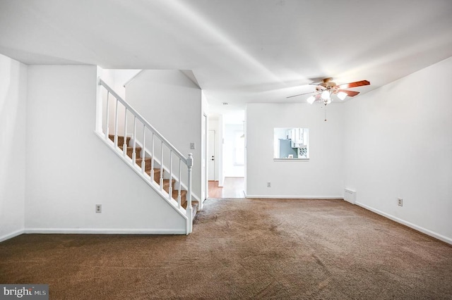 11175 Elwyn Ct, Fredericksburg, VA 22407 - unfurnished living room featuring carpet, stairway, ceiling fan, and baseboards
