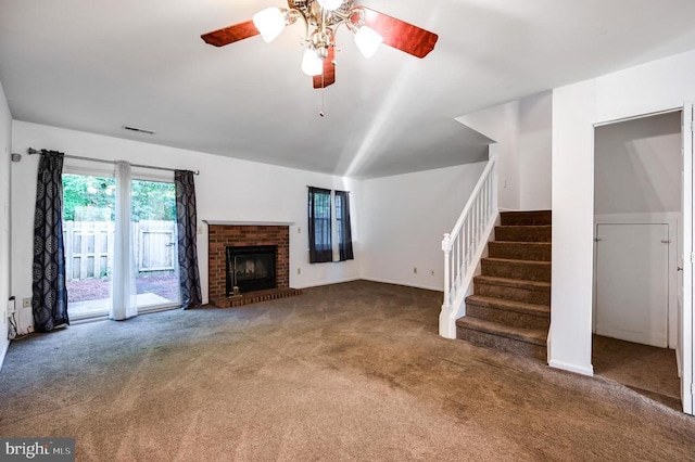 11175 Elwyn Ct, Fredericksburg, VA 22407 - unfurnished living room featuring carpet flooring, ceiling fan, stairway, and a fireplace