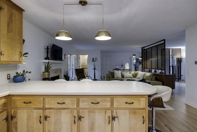 1217 Windsor Rd, Harrisonburg, VA 22801 - kitchen with a peninsula, wood finished floors, tile countertops, pendant lighting, and open floor plan