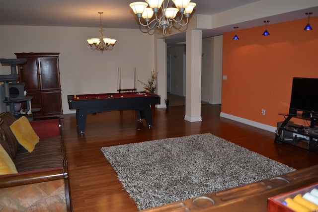 2894 Cullison Ct, Rockingham, VA 22801 - recreation room featuring a chandelier, wood finished floors, baseboards, and pool table