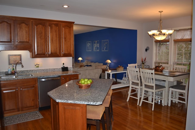 2894 Cullison Ct, Rockingham, VA 22801 - kitchen featuring stainless steel dishwasher, a sink, a chandelier, dark wood-style floors, and a kitchen island