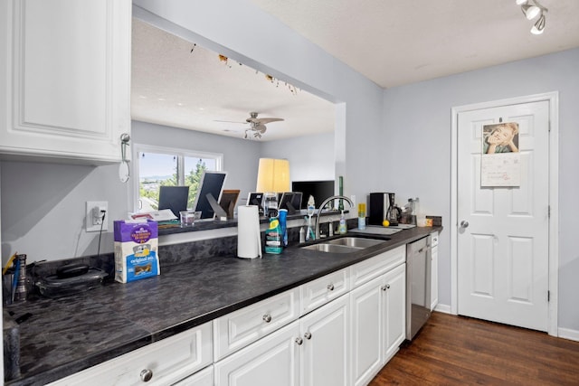 872 Camelot Ln, Harrisonburg, VA 22801 - kitchen featuring a sink, dishwasher, dark countertops, dark wood-style flooring, and white cabinetry