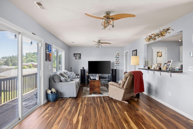 872 Camelot Ln, Harrisonburg, VA 22801 - living room featuring ceiling fan, dark wood-style floors, and baseboards