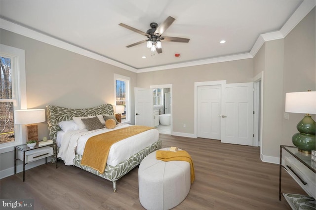 60 Laurelwood Dr, Mineral, VA 23117 - bedroom featuring ornamental molding, wood finished floors, recessed lighting, ensuite bath, and a ceiling fan
