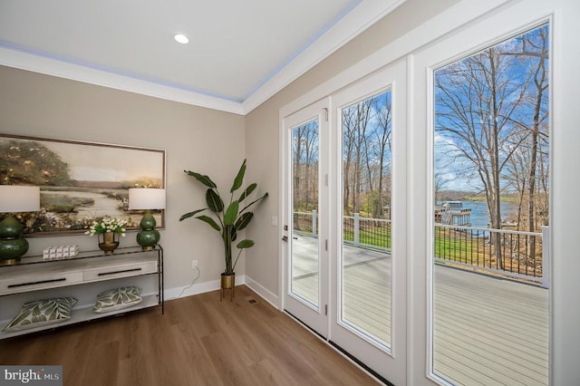 60 Laurelwood Dr, Mineral, VA 23117 - doorway to outside with wood finished floors, recessed lighting, and crown molding