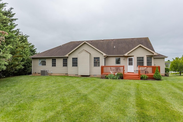 5 Hidden Valley Ct, Fishersville, VA 22939 - rear view of property with crawl space, central AC, a lawn, a deck, and roof with shingles