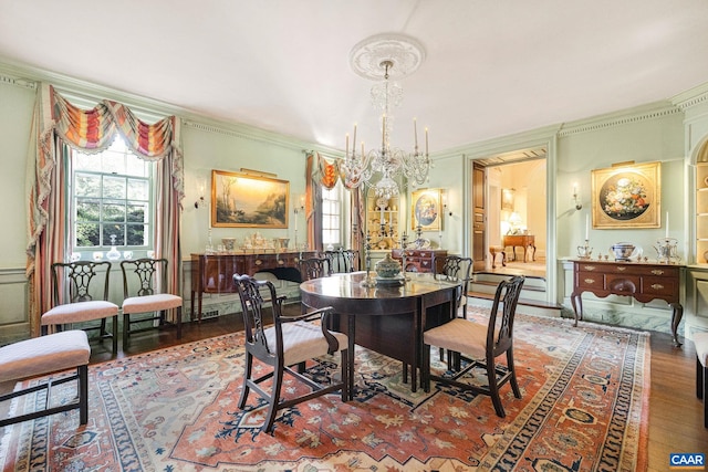 19184 Mt Sharon Rd, Orange, VA 22960 - dining room featuring a chandelier, ornamental molding, a healthy amount of sunlight, and wood finished floors