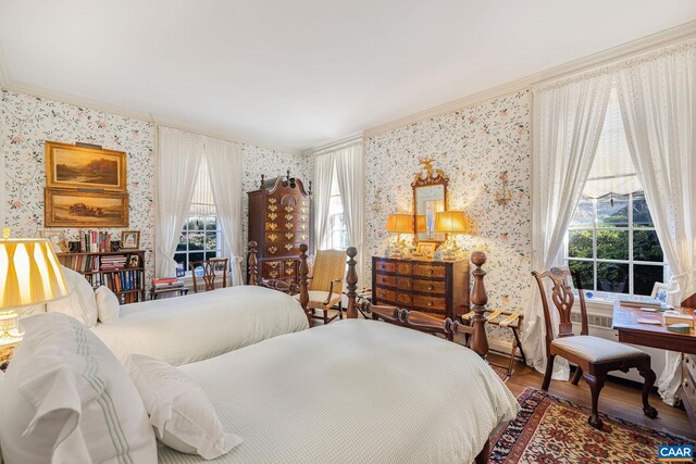 19184 Mt Sharon Rd, Orange, VA 22960 - bedroom featuring multiple windows, wallpapered walls, wood finished floors, and ornamental molding