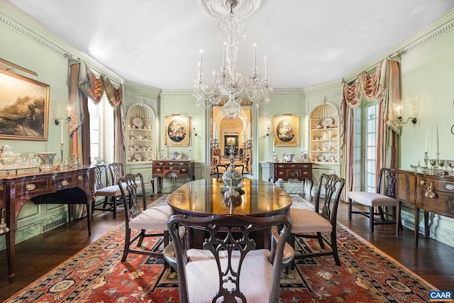 19184 Mt Sharon Rd, Orange, VA 22960 - dining area with wood finished floors, a chandelier, built in shelves, and ornamental molding