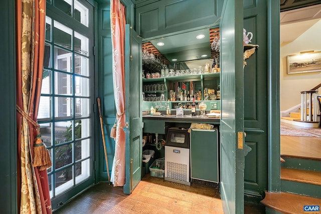 19184 Mt Sharon Rd, Orange, VA 22960 - bar with stairway, a dry bar, and wood finished floors