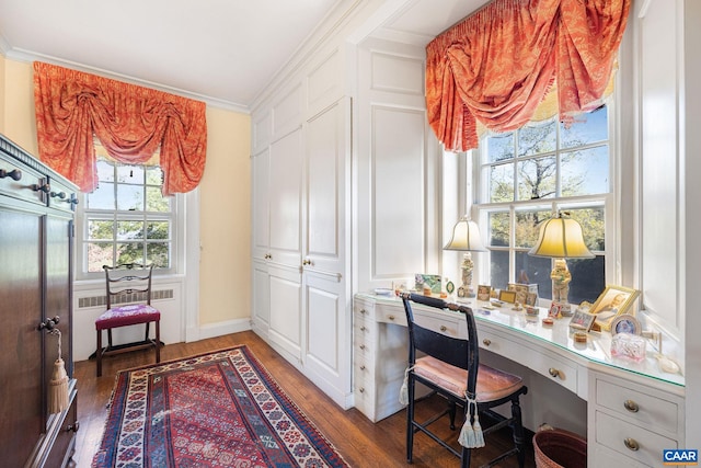 19184 Mt Sharon Rd, Orange, VA 22960 - office area featuring ornamental molding, built in desk, and wood finished floors