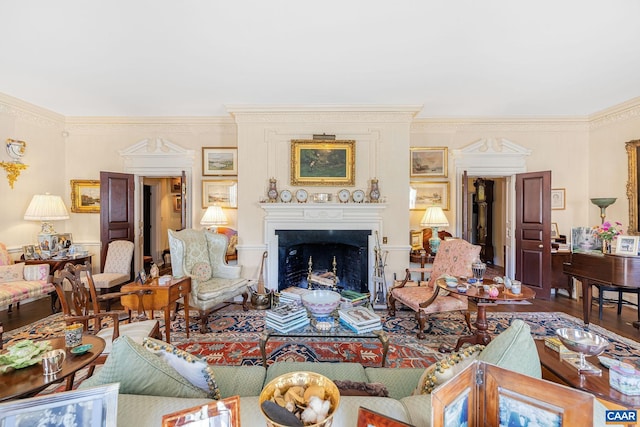 19184 Mt Sharon Rd, Orange, VA 22960 - living area with crown molding and a fireplace with flush hearth