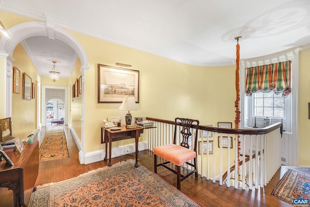 19184 Mt Sharon Rd, Orange, VA 22960 - hallway featuring crown molding, arched walkways, hardwood / wood-style floors, and baseboards