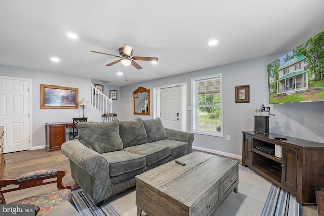 8558 Opal Rd, Warrenton, VA 20186 - living area with ceiling fan, light wood-style flooring, stairway, and recessed lighting