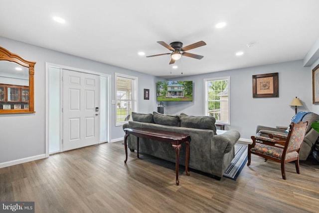 8558 Opal Rd, Warrenton, VA 20186 - living room featuring a ceiling fan, plenty of natural light, recessed lighting, and wood finished floors