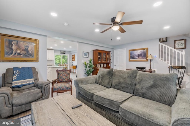 8558 Opal Rd, Warrenton, VA 20186 - living area with recessed lighting, a ceiling fan, and stairs