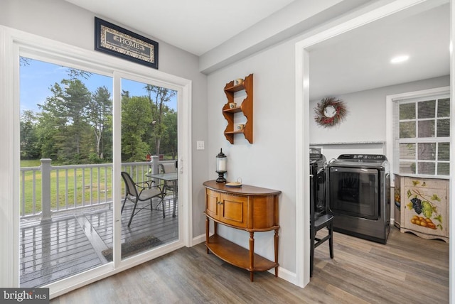 8558 Opal Rd, Warrenton, VA 20186 - doorway to outside with independent washer and dryer, wood finished floors, and recessed lighting