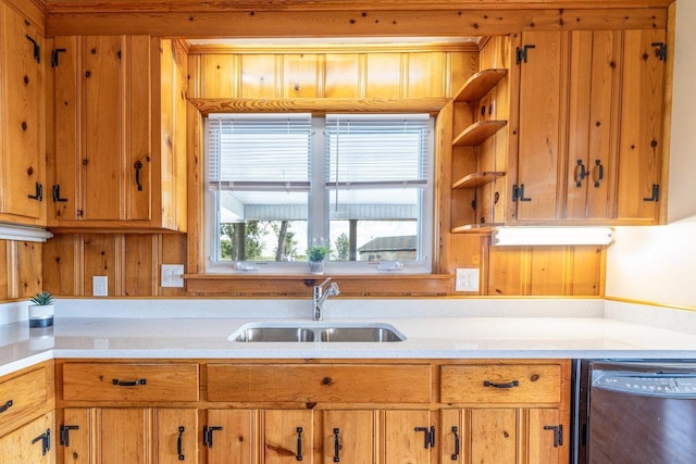 10999 Orkney Grade, Mount Jackson, VA 22842 - kitchen with black dishwasher, a sink, light countertops, open shelves, and brown cabinets