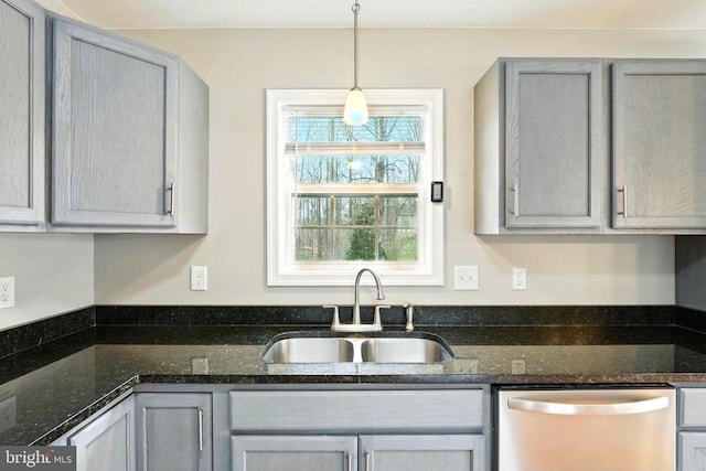 845 Seville Rd, Rochelle, VA 22738 - kitchen with stainless steel dishwasher, a sink, gray cabinets, and decorative light fixtures