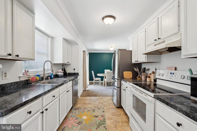 kitchen with electric range, a sink, white cabinetry, under cabinet range hood, and stainless steel dishwasher