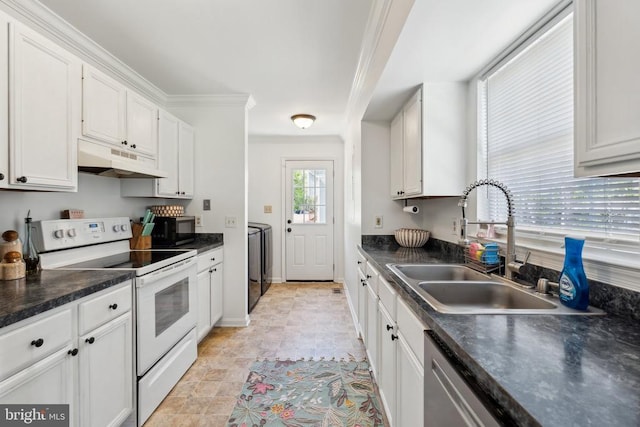 kitchen with black microwave, dark countertops, white range with electric cooktop, under cabinet range hood, and a sink