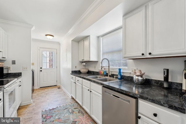 kitchen with crown molding, a sink, electric stove, baseboards, and stainless steel dishwasher