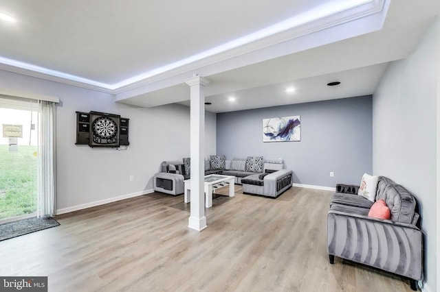 13001 Wipple Ct, Fredericksburg, VA 22407 - living area featuring light wood finished floors, recessed lighting, and ornate columns