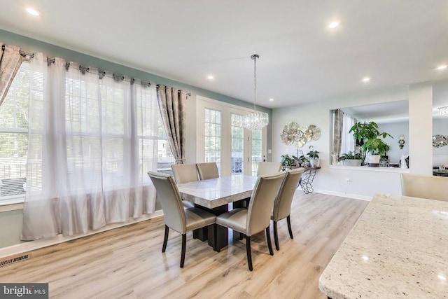 13001 Wipple Ct, Fredericksburg, VA 22407 - dining room with light wood-type flooring, a chandelier, and recessed lighting