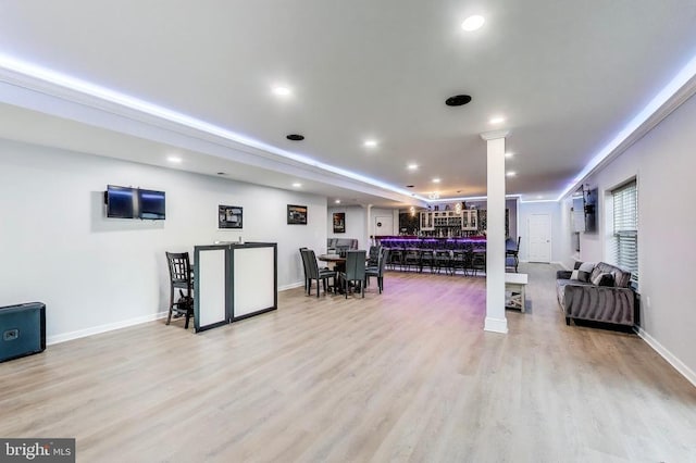 13001 Wipple Ct, Fredericksburg, VA 22407 - misc room featuring light wood-style flooring, decorative columns, and recessed lighting