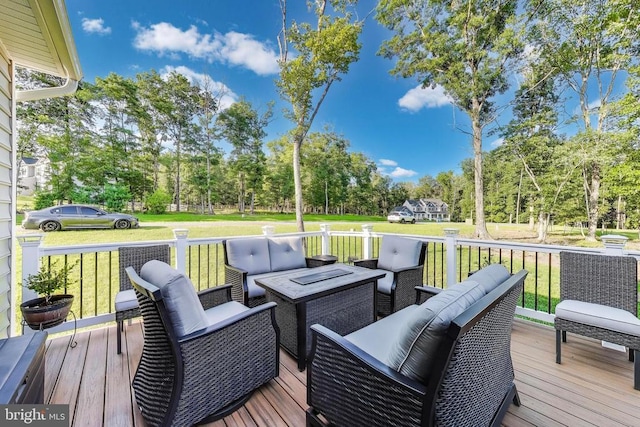 13001 Wipple Ct, Fredericksburg, VA 22407 - wooden terrace featuring an outdoor living space, view of scattered trees, and a lawn