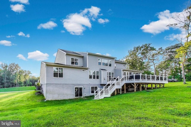 13001 Wipple Ct, Fredericksburg, VA 22407 - back of house with stairs, a wooden deck, and a lawn