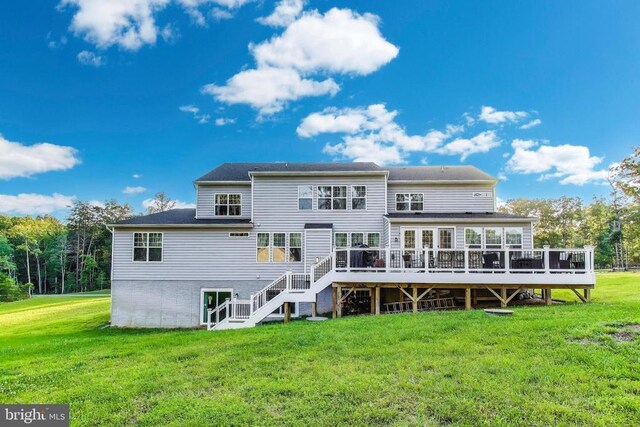 13001 Wipple Ct, Fredericksburg, VA 22407 - back of house featuring a wooden deck, a yard, and stairway
