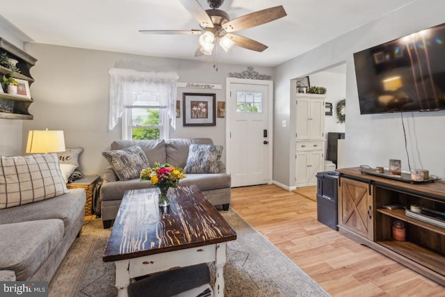 12051 Duey Rd N, Remington, VA 22734 - living room featuring light wood finished floors, a wealth of natural light, baseboards, and ceiling fan