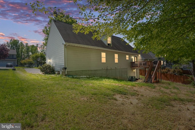 12107 Knight Ct, Fredericksburg, VA 22407 - view of side of property with stairway, a wooden deck, central AC unit, and roof with shingles