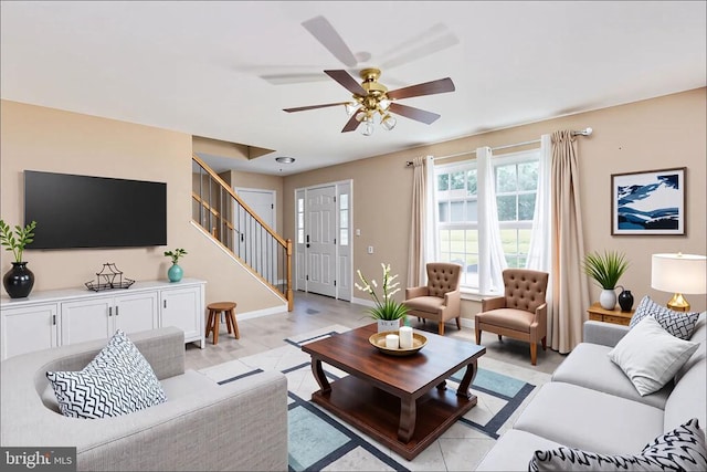 12107 Knight Ct, Fredericksburg, VA 22407 - living area featuring stairway, a ceiling fan, and baseboards