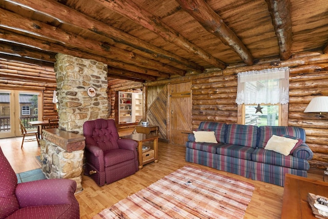 35 Bottom Rd S, Raphine, VA 24472 - living room featuring a wooden ceiling with exposed beams, wood finished floors, and rustic walls