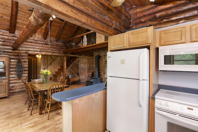 35 Bottom Rd S, Raphine, VA 24472 - kitchen with white appliances, a wooden ceiling with exposed beams, log walls, light brown cabinetry, and high vaulted ceiling