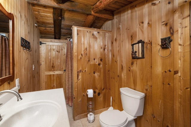 35 Bottom Rd S, Raphine, VA 24472 - half bathroom with a wooden ceiling with exposed beams, wood walls, and tile patterned floors