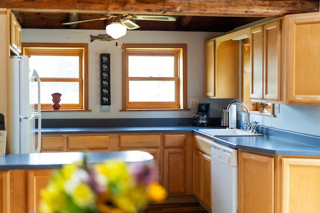 35 Bottom Rd S, Raphine, VA 24472 - kitchen featuring white appliances, beam ceiling, and dark countertops