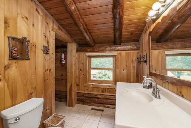 35 Bottom Rd S, Raphine, VA 24472 - bathroom with a wooden ceiling with exposed beams, wood walls, tile patterned floors, and vanity