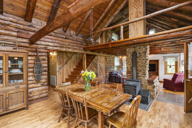 35 Bottom Rd S, Raphine, VA 24472 - dining space featuring high vaulted ceiling, a wood stove, light wood finished floors, stairs, and log walls