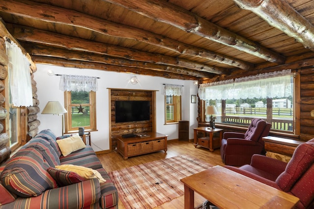 35 Bottom Rd S, Raphine, VA 24472 - living room featuring a wood ceiling with exposed beams, wood finished floors, and log walls