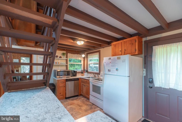 1076 Overlook Dr, Rileyville, VA 22650 - kitchen featuring stainless steel appliances, light countertops, a sink, open shelves, and beamed ceiling