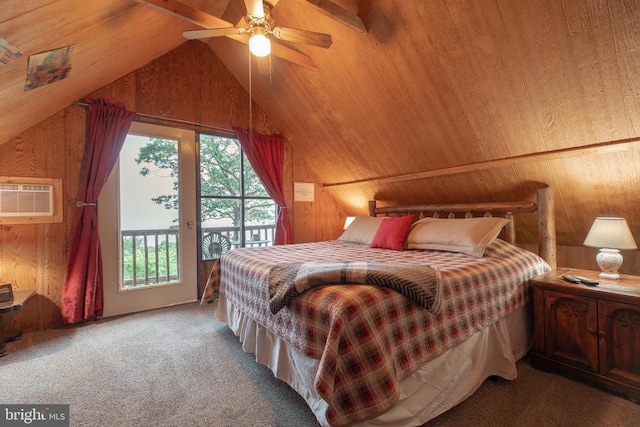 1076 Overlook Dr, Rileyville, VA 22650 - bedroom with wood walls, access to exterior, light colored carpet, lofted ceiling, and a wall mounted air conditioner