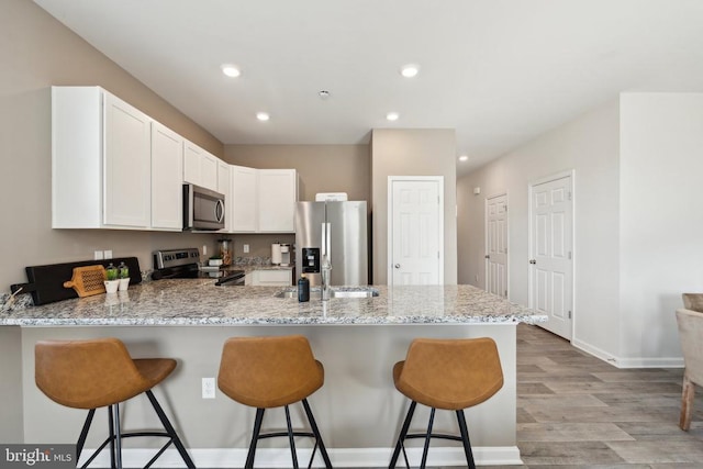 115 Rae Ct, Luray, VA 22835 - kitchen featuring stainless steel appliances, a peninsula, light wood-type flooring, a kitchen breakfast bar, and recessed lighting