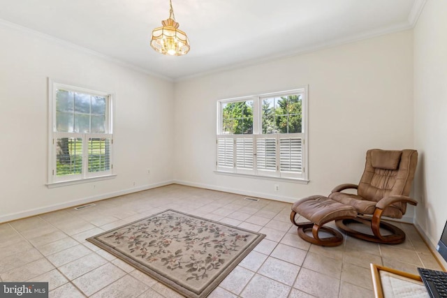 sitting room featuring baseboards, visible vents, light tile patterned flooring, a chandelier, and crown molding