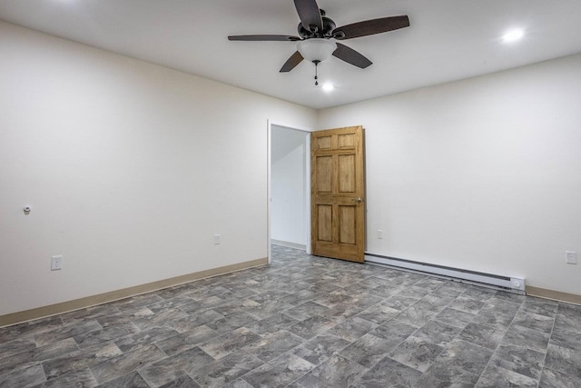 unfurnished room with ceiling fan, recessed lighting, baseboards, and a baseboard heating unit