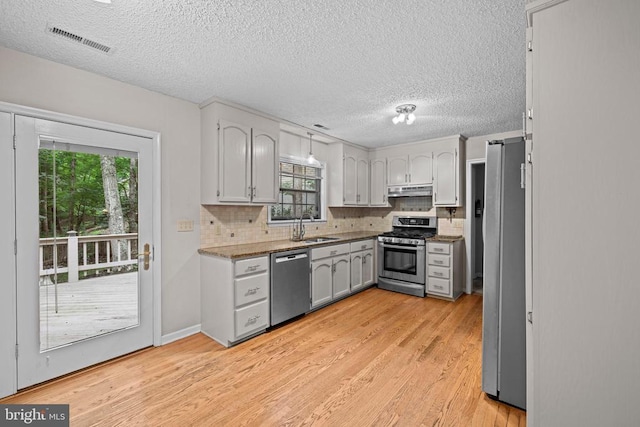 47 Marwood Dr, Palmyra, VA 22963 - kitchen featuring appliances with stainless steel finishes, light wood-style flooring, tasteful backsplash, under cabinet range hood, and a textured ceiling